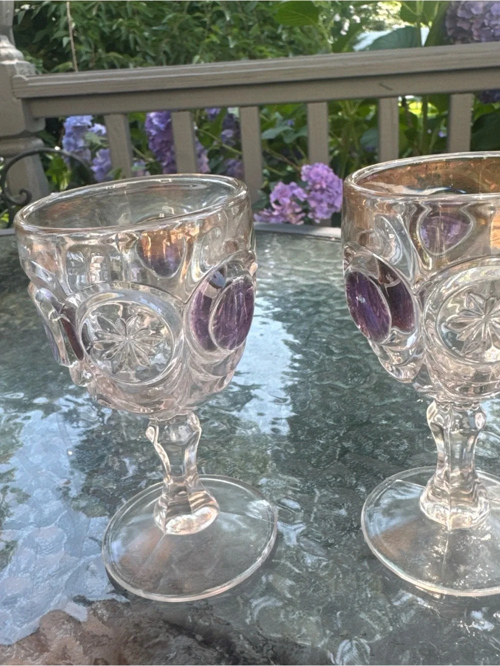 Vintage Clear Hobnail Goblets with Purple Jewel Centers 4.5x2.5 inches